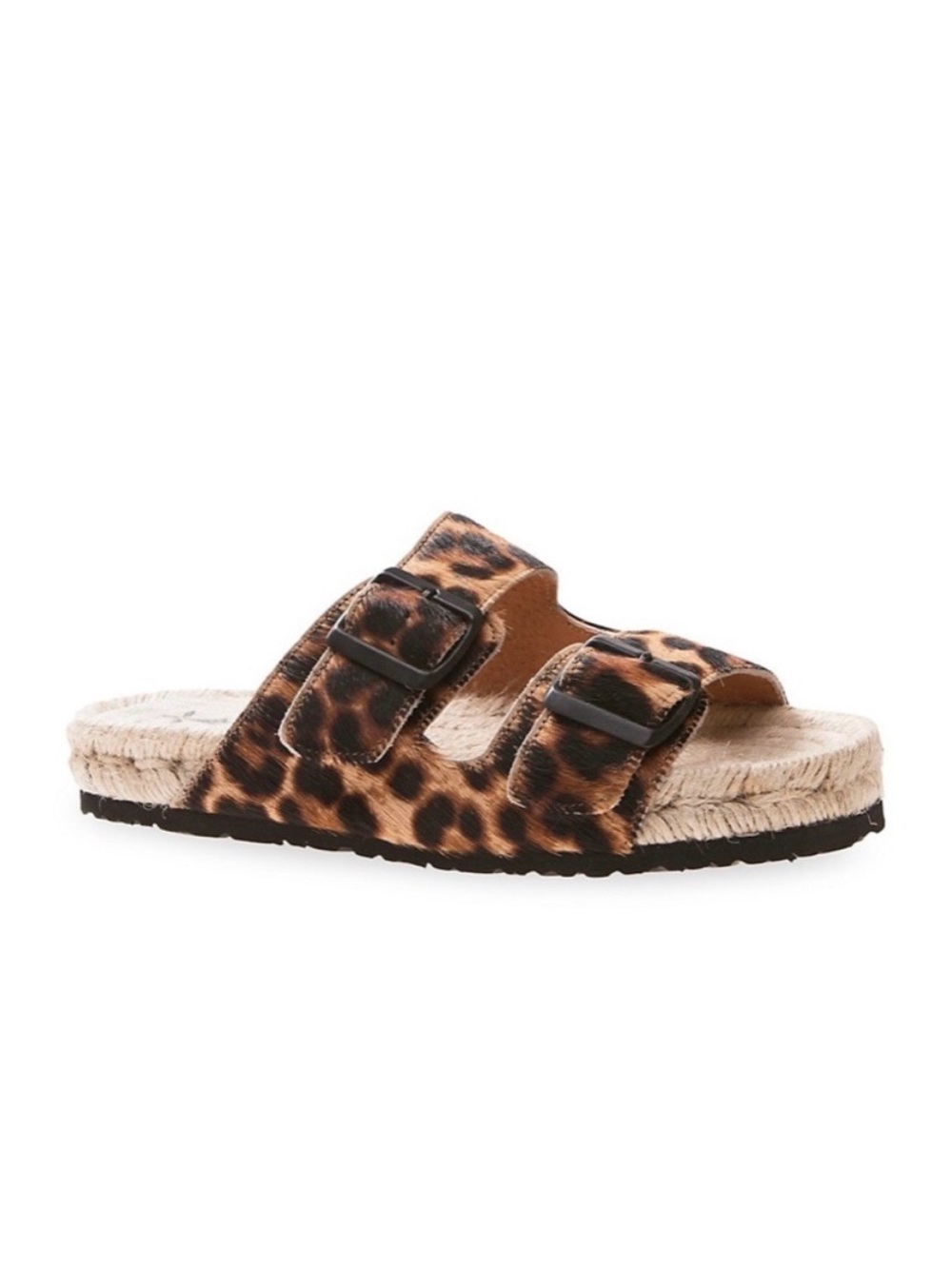 Manebi Nordic Leopard Print Calf hair espadrille Buckle Slide Sandals